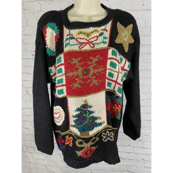 Cabin Creek Sweaters - Cabin Creek Chunky Knit Christmas Tree Shoulder Pad Jingle Bell Beaded Sweater L